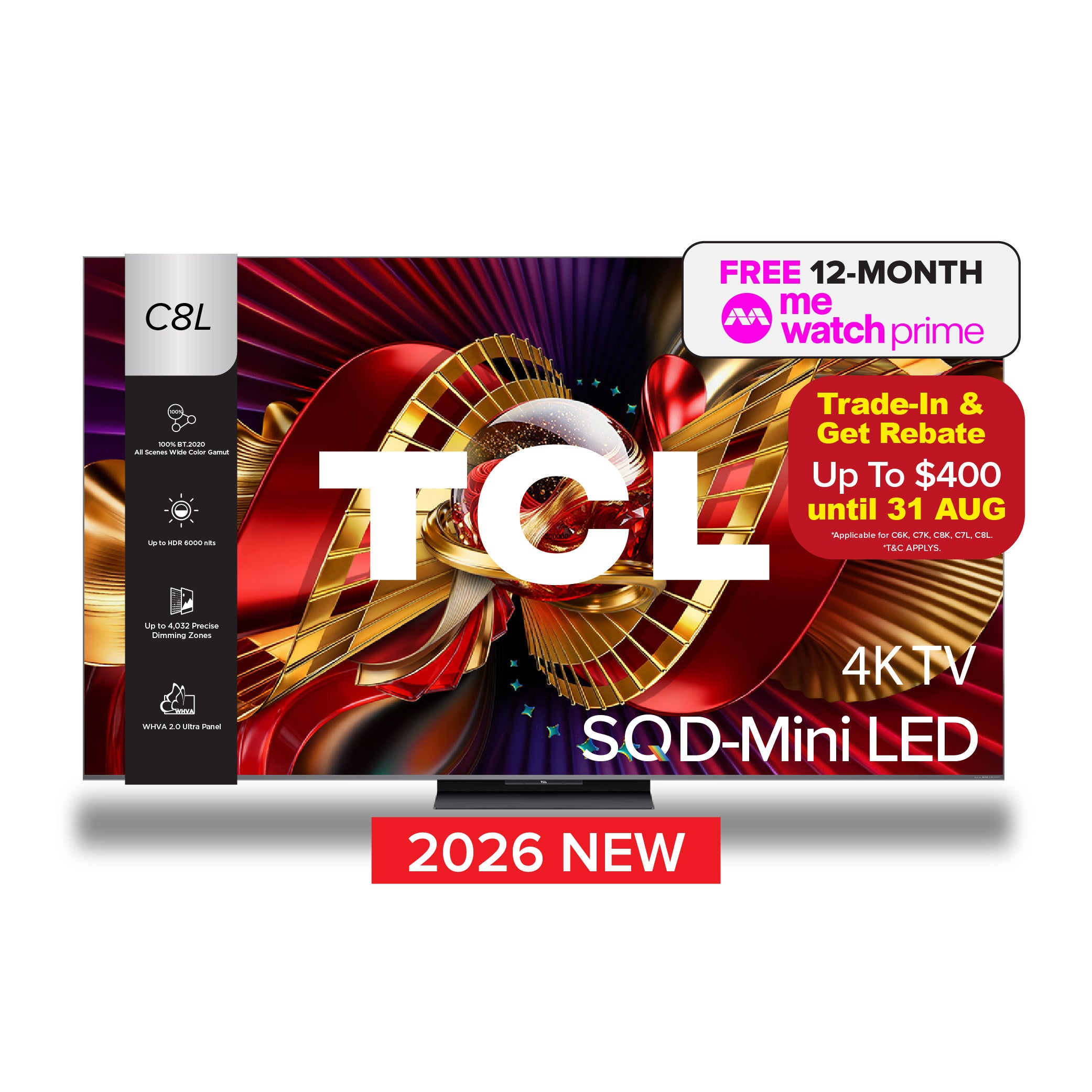 2026 NEW | TCL C8L Premium SQD-Mini LED 4K TV | 65 75 85 98 inch | AI Smart Google TV