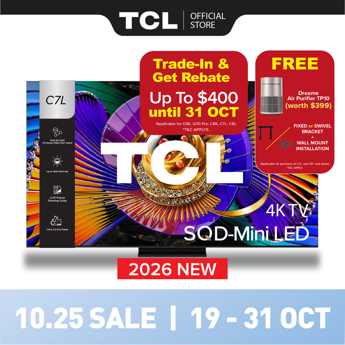 NEW 2026 | TCL TV C7L SQD-Mini LED 4K TV | 55 65 75 85 inch | AI Smart Google TV