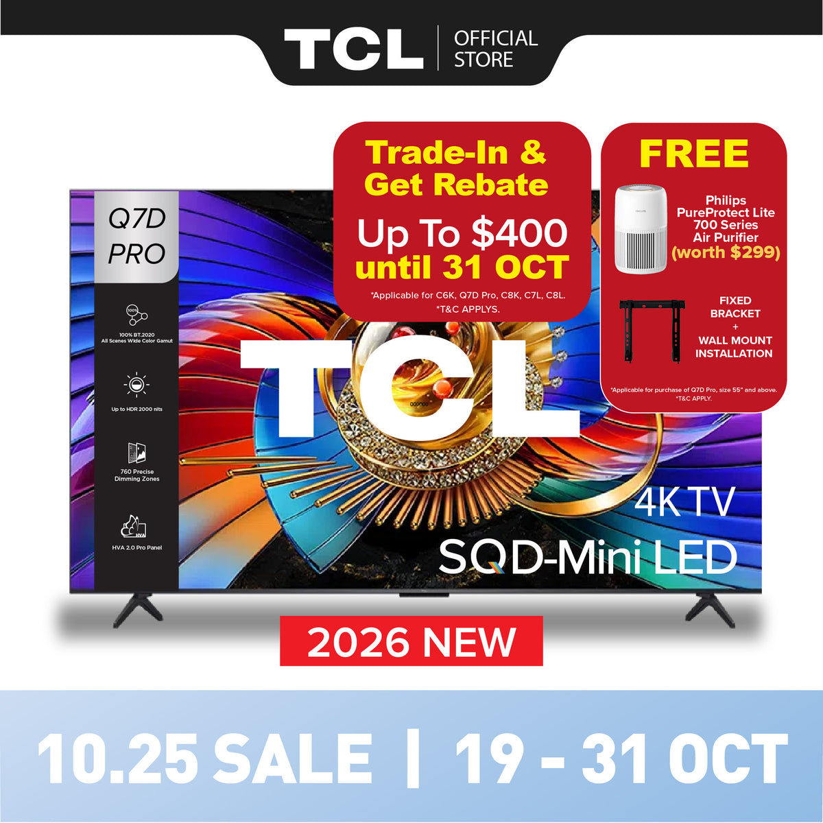 NEW 2026 | TCL Q7D Pro SQD-Mini LED 4K TV|55 65 75 inch|AI Smart Google TV
