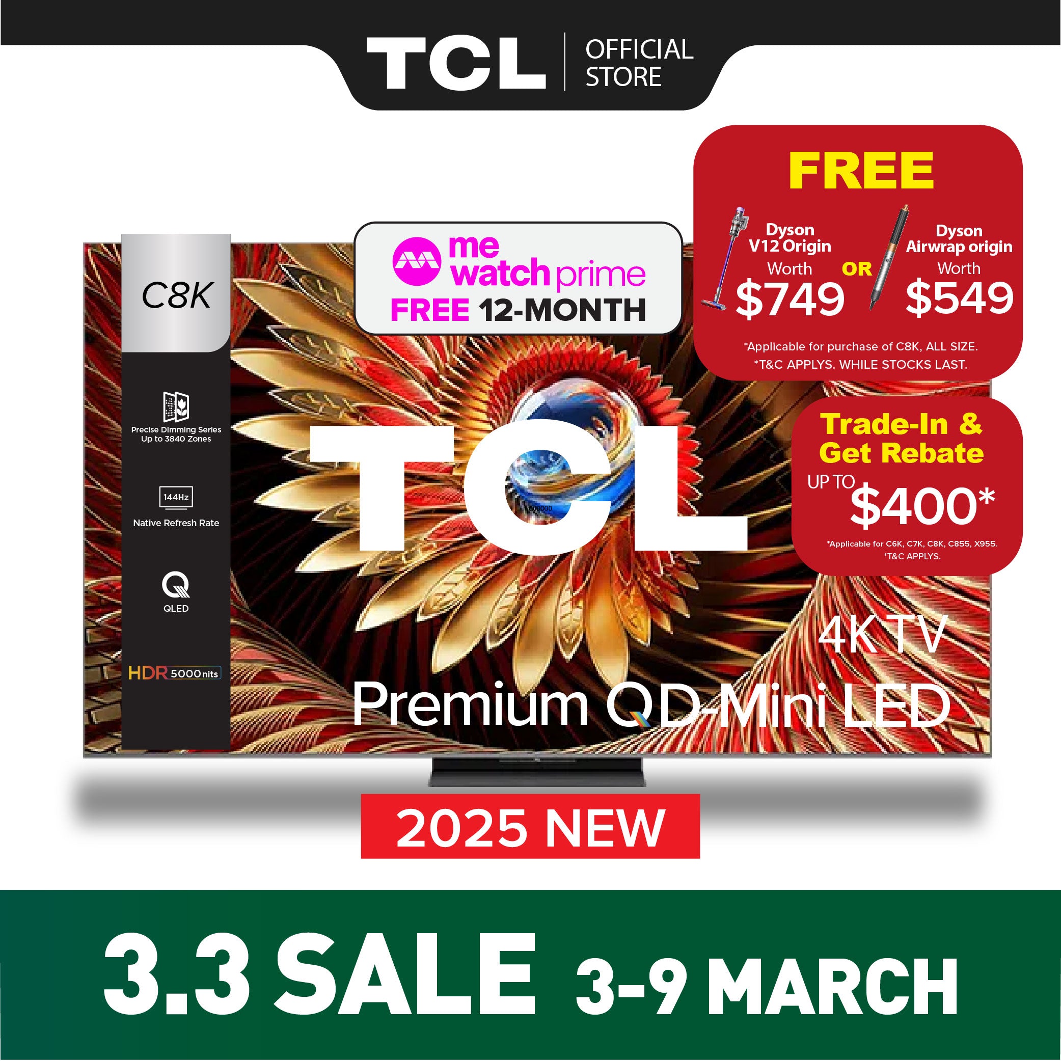 TCL C8K Premium QD-Mini LED 4K TV | 65 inch 75 inch 85 inch 98 inch | HDR 4500 nits | AI Smart Google TV