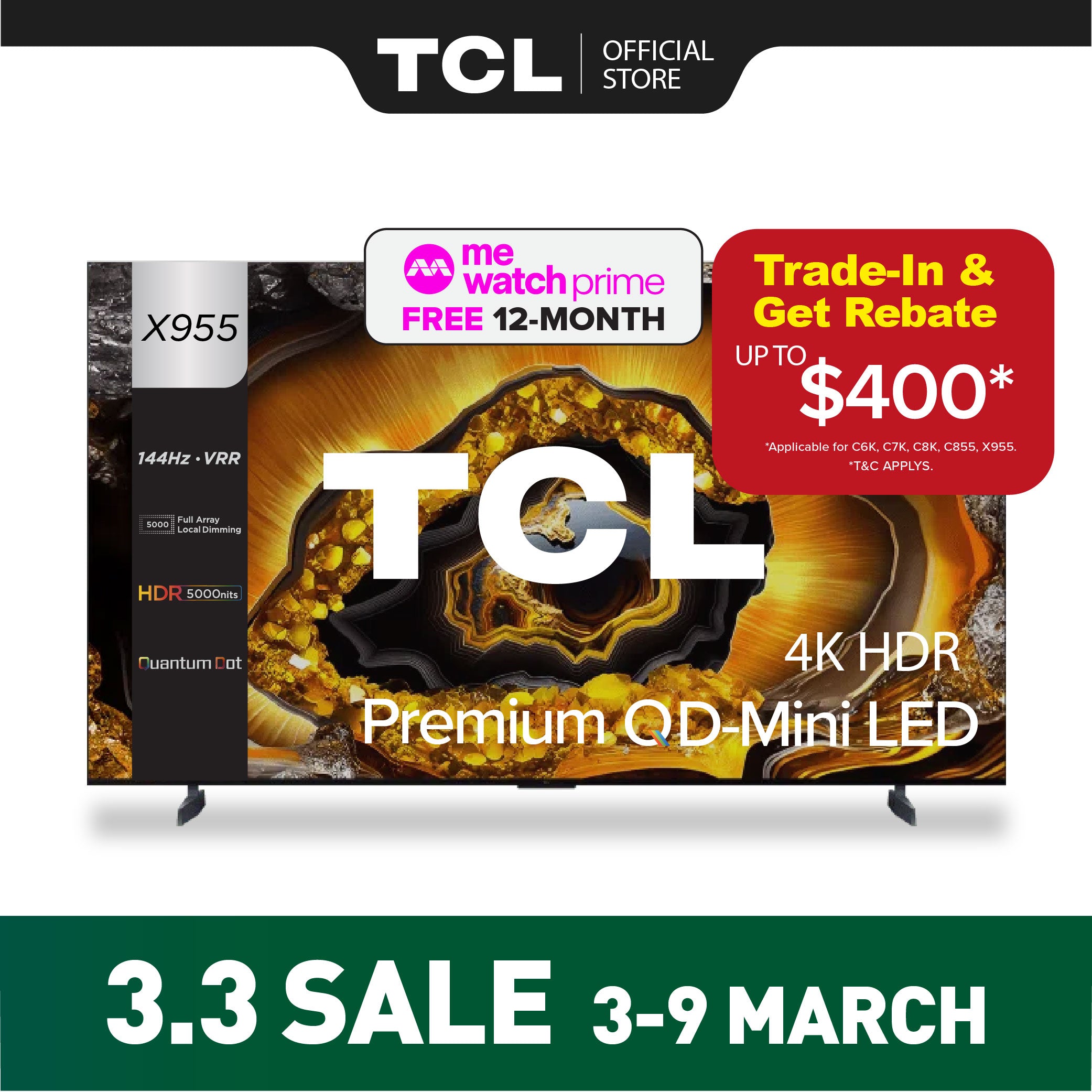 TCL X955 Premium QD-Mini LED 4K TV 85" - 115" AI Smart TV