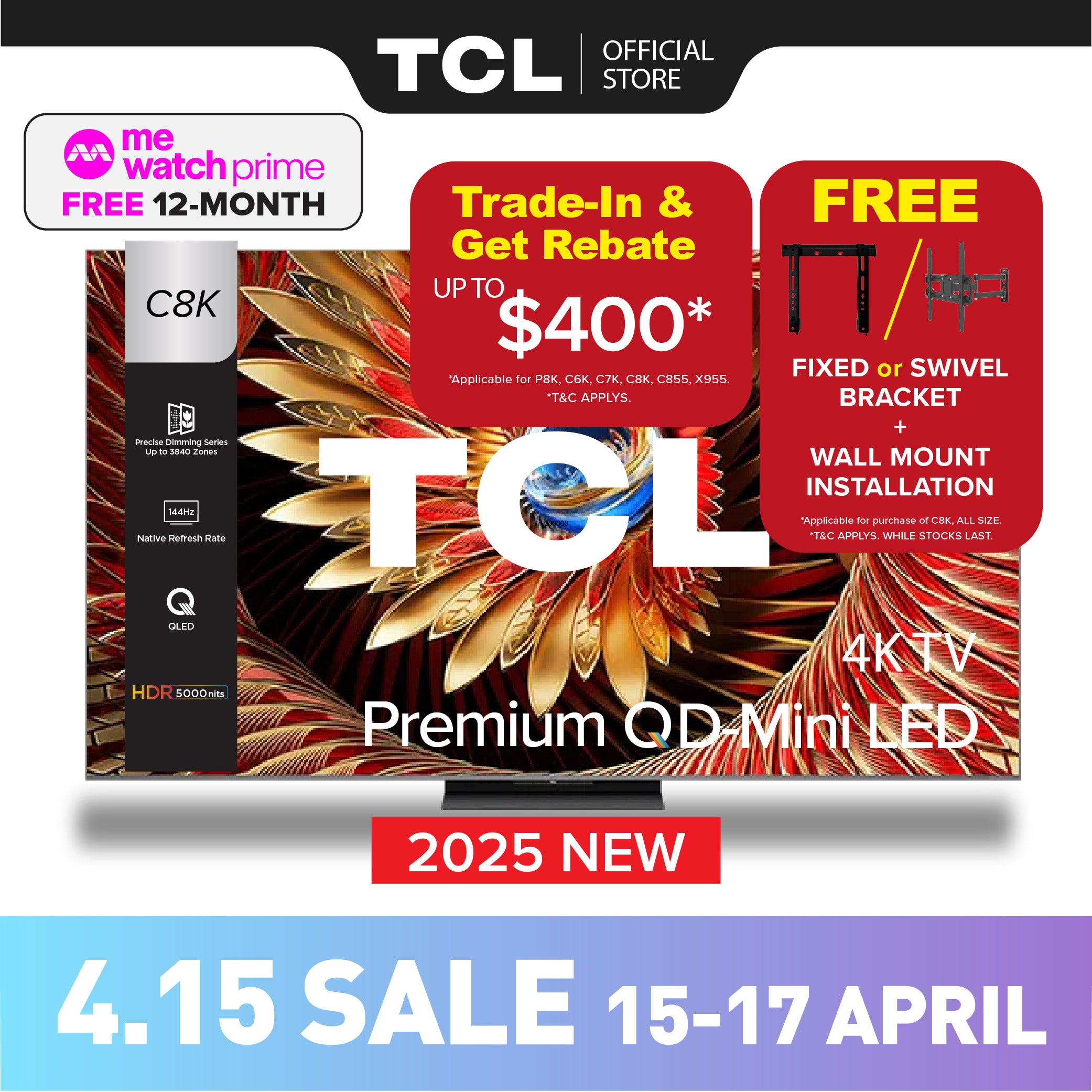 TCL C8K Premium QD-Mini LED 4K TV | 65 inch 75 inch 85 inch 98 inch | HDR 4500 nits | AI Smart Google TV