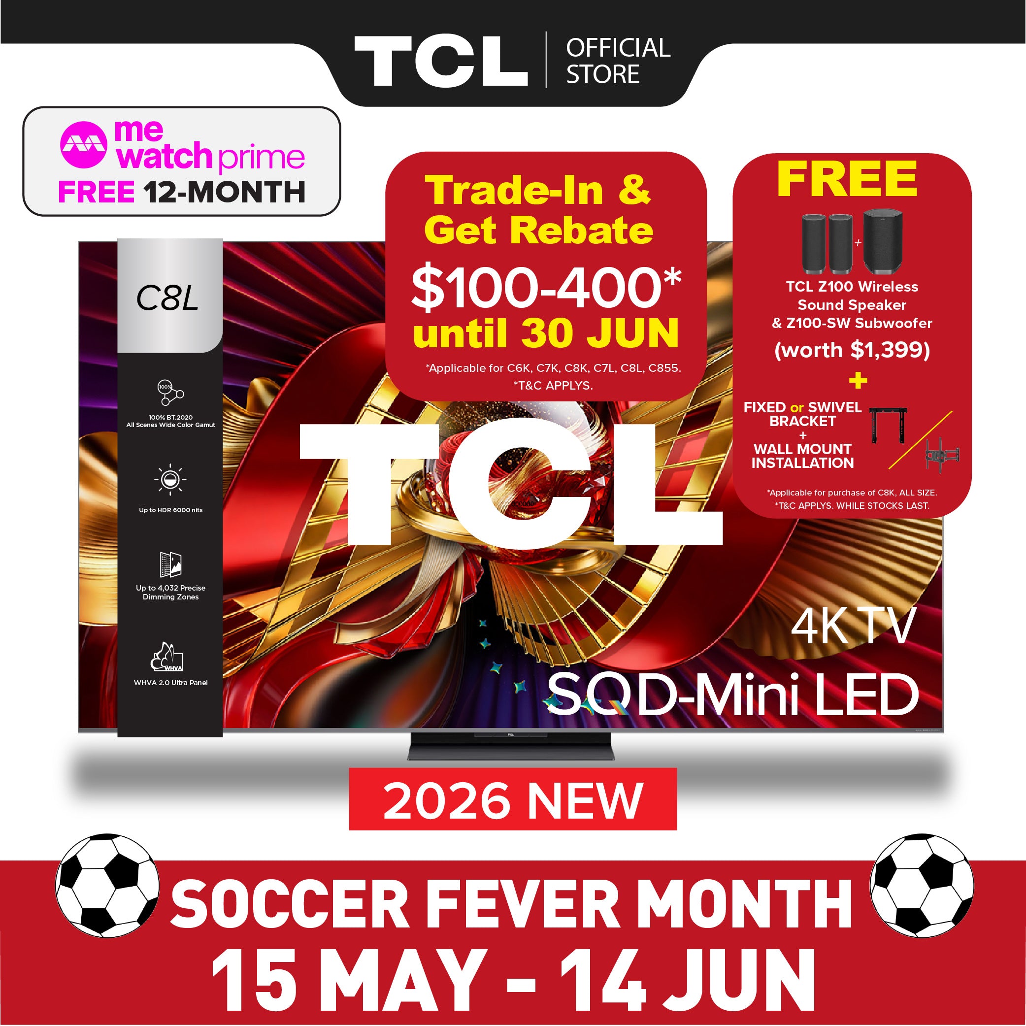 2026 NEW | TCL C8L Premium SQD-MiniLED 4k TV | 65 75 85 98 inch |