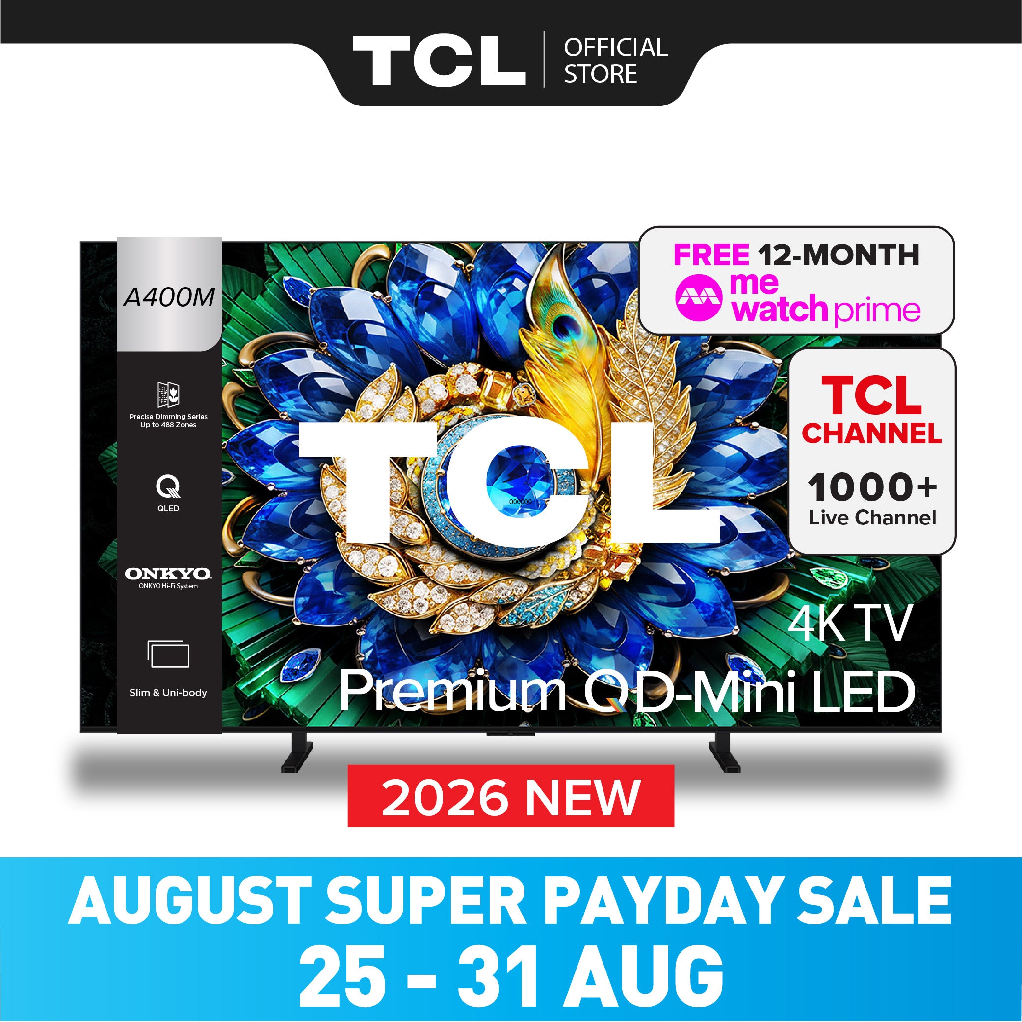 2026 NEW | TCL A400M Premium QD-Mini LED 4K TV | 55 65 75 98 inch | AI Smart Google TV