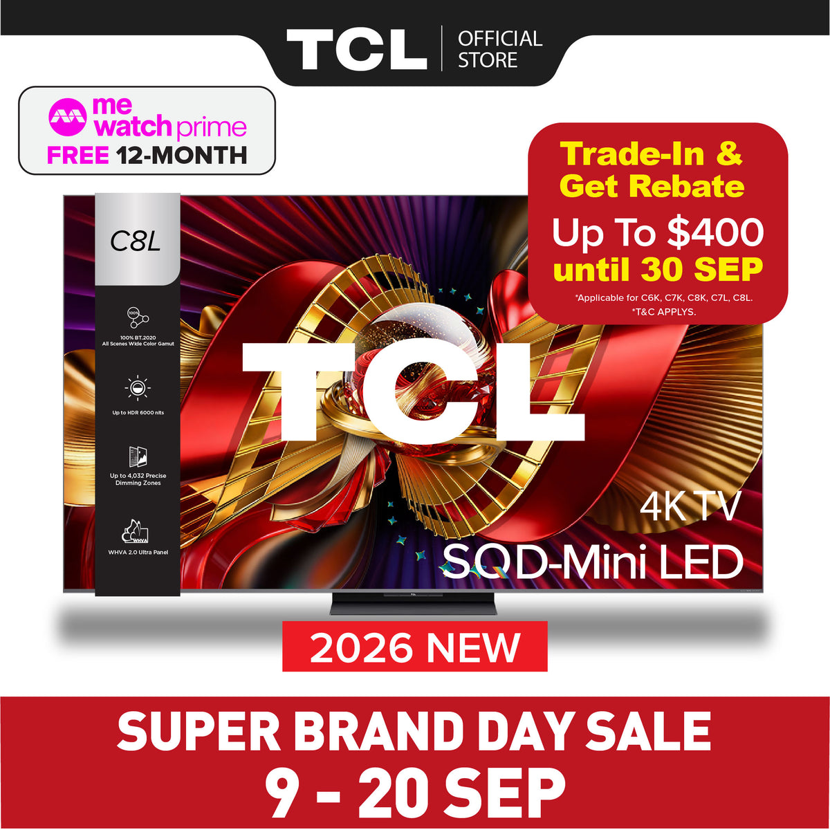 2026 NEW | TCL C8L Premium SQD-Mini LED 4K TV | 65 75 85 98 inch | AI Smart Google TV