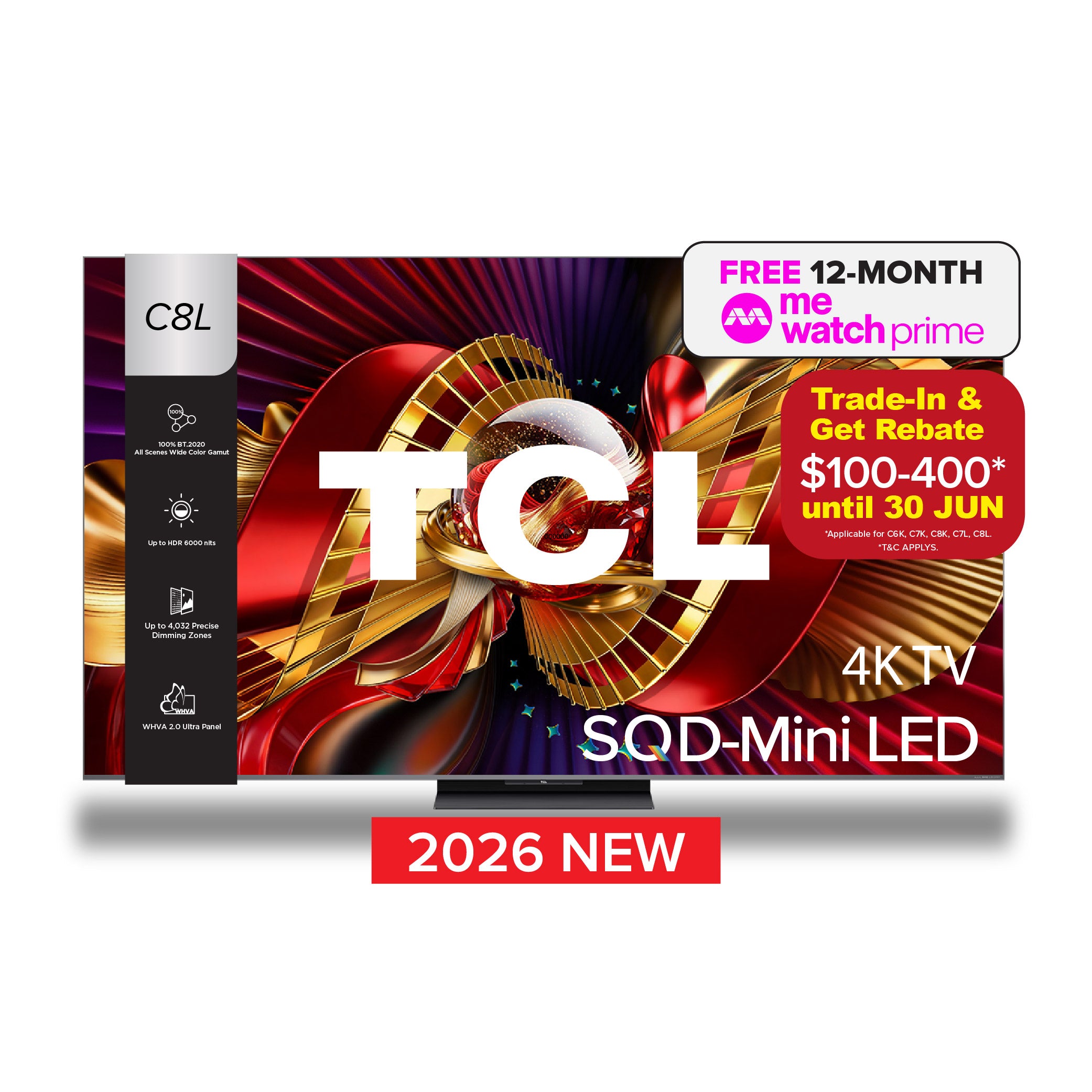 2026 NEW | TCL C8L Premium SQD-Mini LED 4K TV | 65 75 85 98 inch | AI Smart Google TV