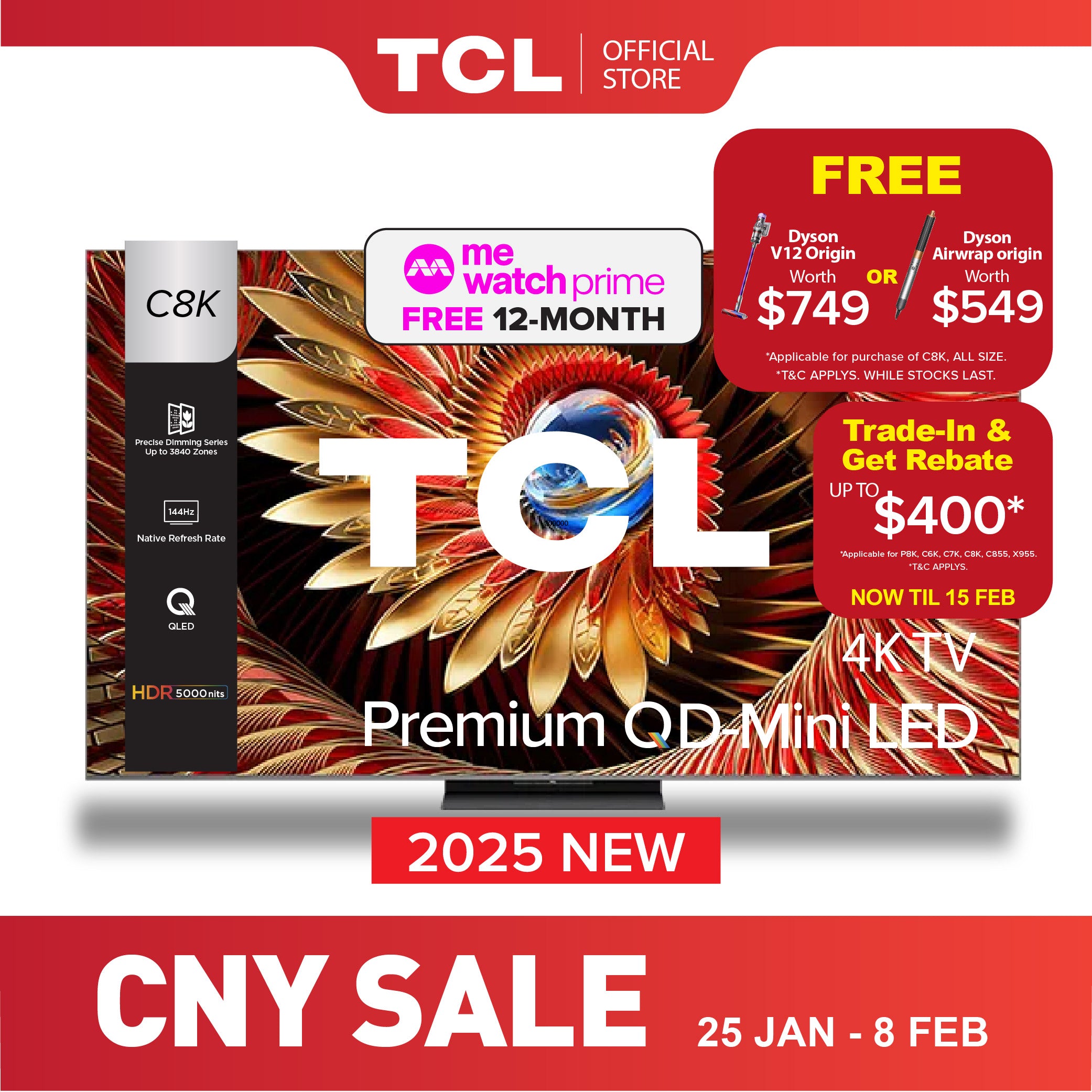 TCL C8K Premium QD-Mini LED 4K TV | 65 inch 75 inch 85 inch 98 inch | HDR 4500 nits | AI Smart Google TV