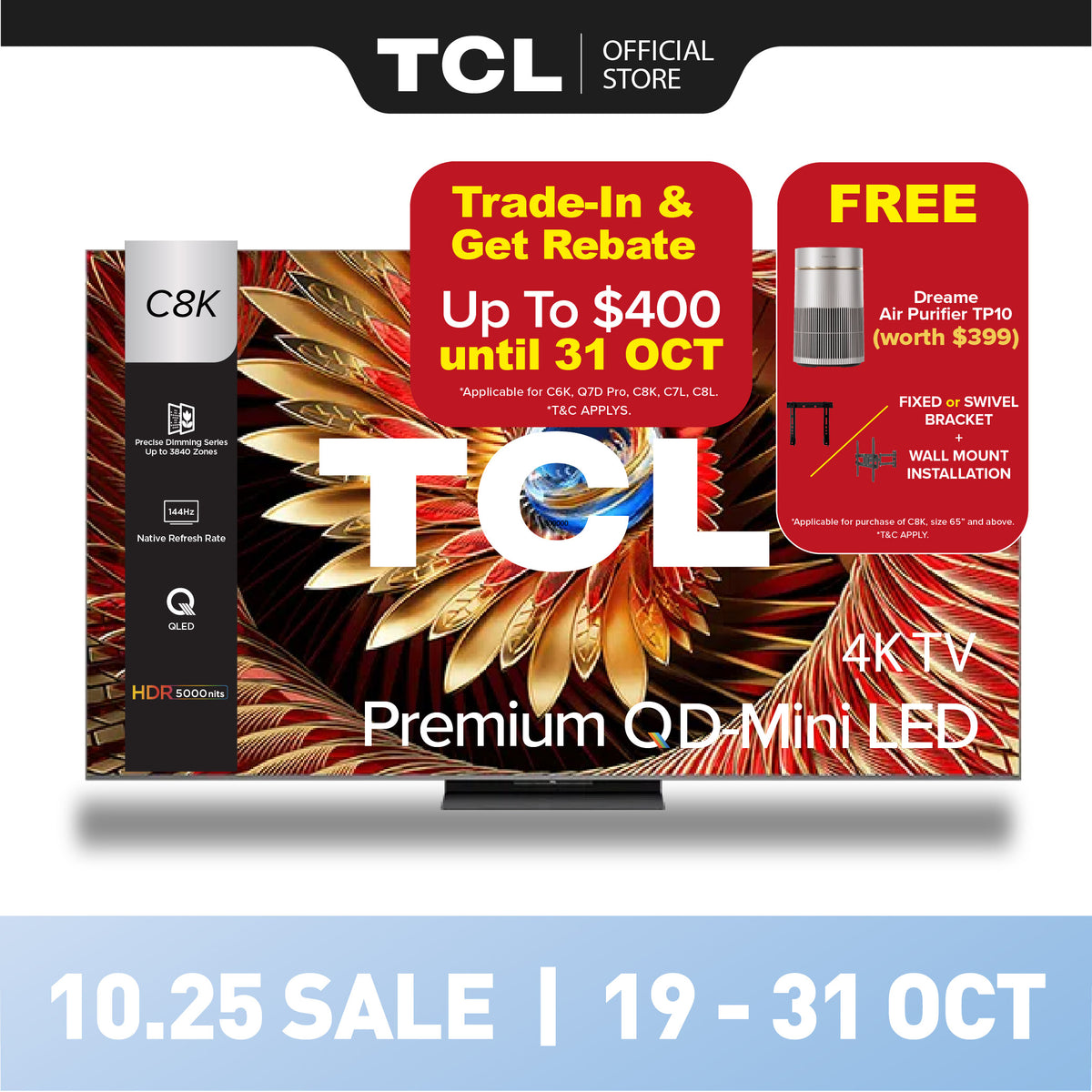 TCL C8K Premium QD-Mini LED 4K TV | 65 75 85 98 inch | AI Smart Google TV