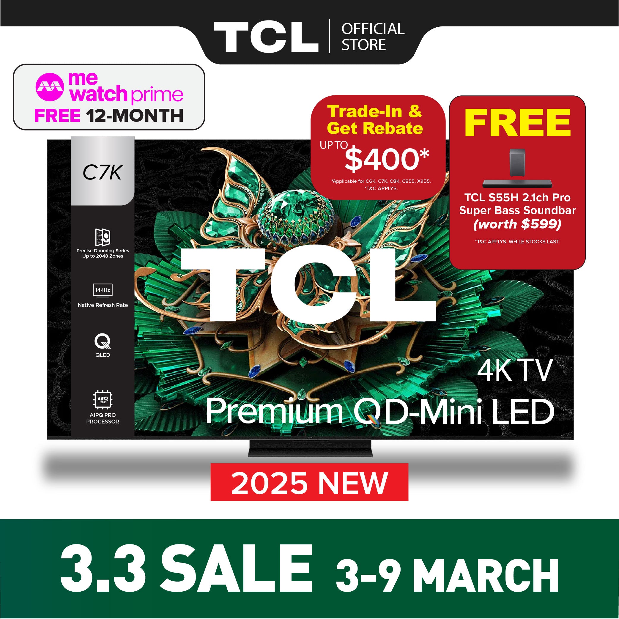 TCL C7K 4K Premium QD Mini-LED TV 55" 65" 75" 85 "AI Smart Google TV