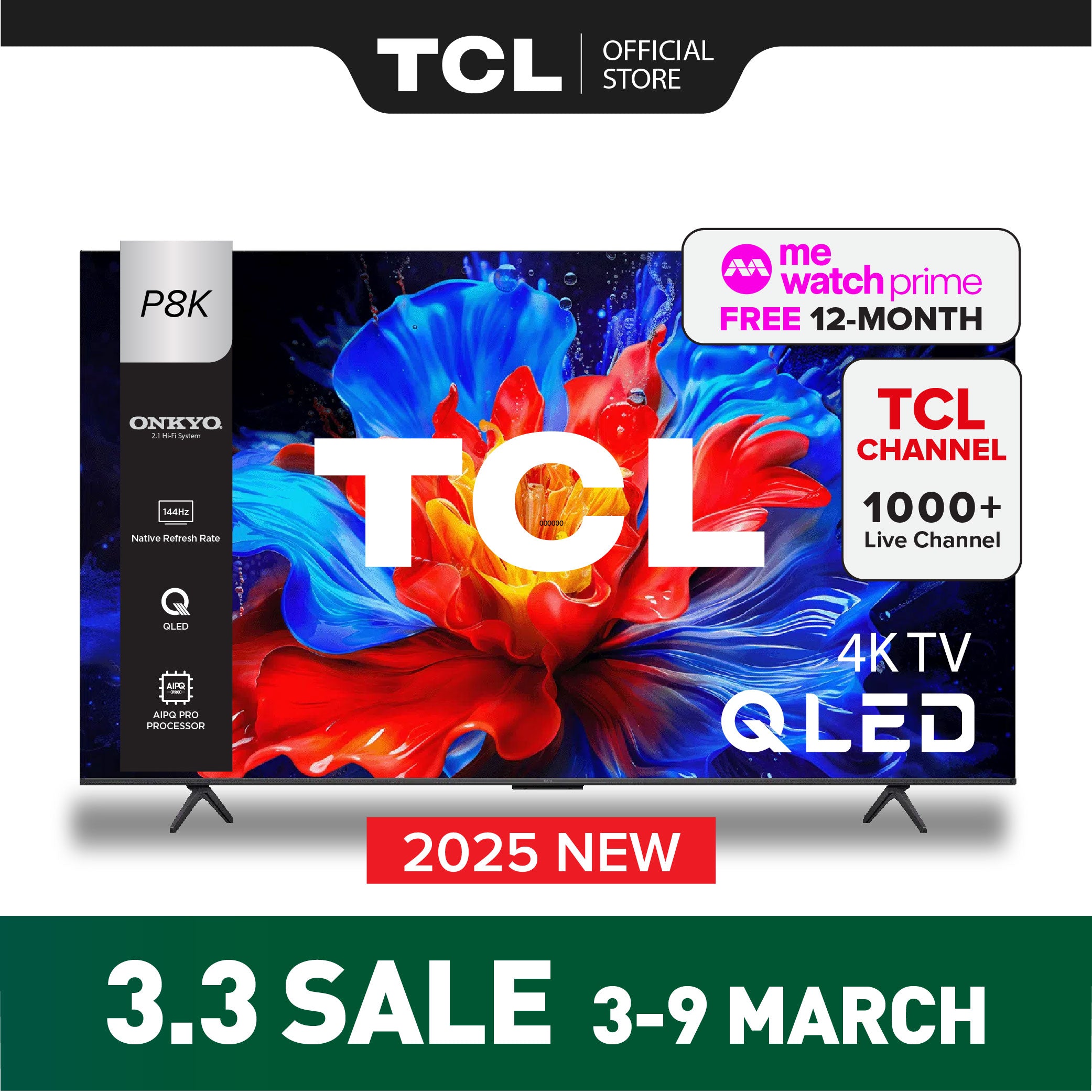 TCL P8K QLED TV | 55 inch 65 inch 75 inch | 144Hz Native Refresh Rate | AI Smart Google TV