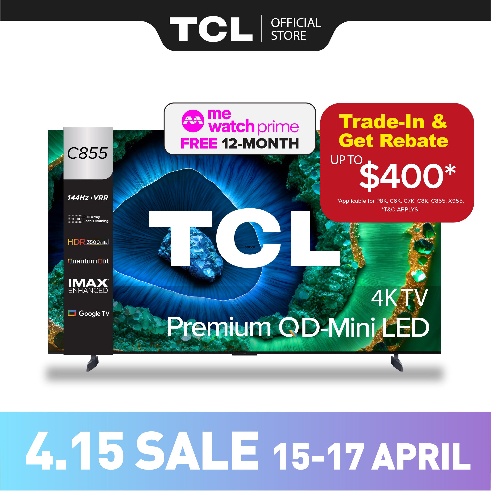 TCL C855 Premium QD-Mini LED 4K TV 85" 98" AI Smart Google TV