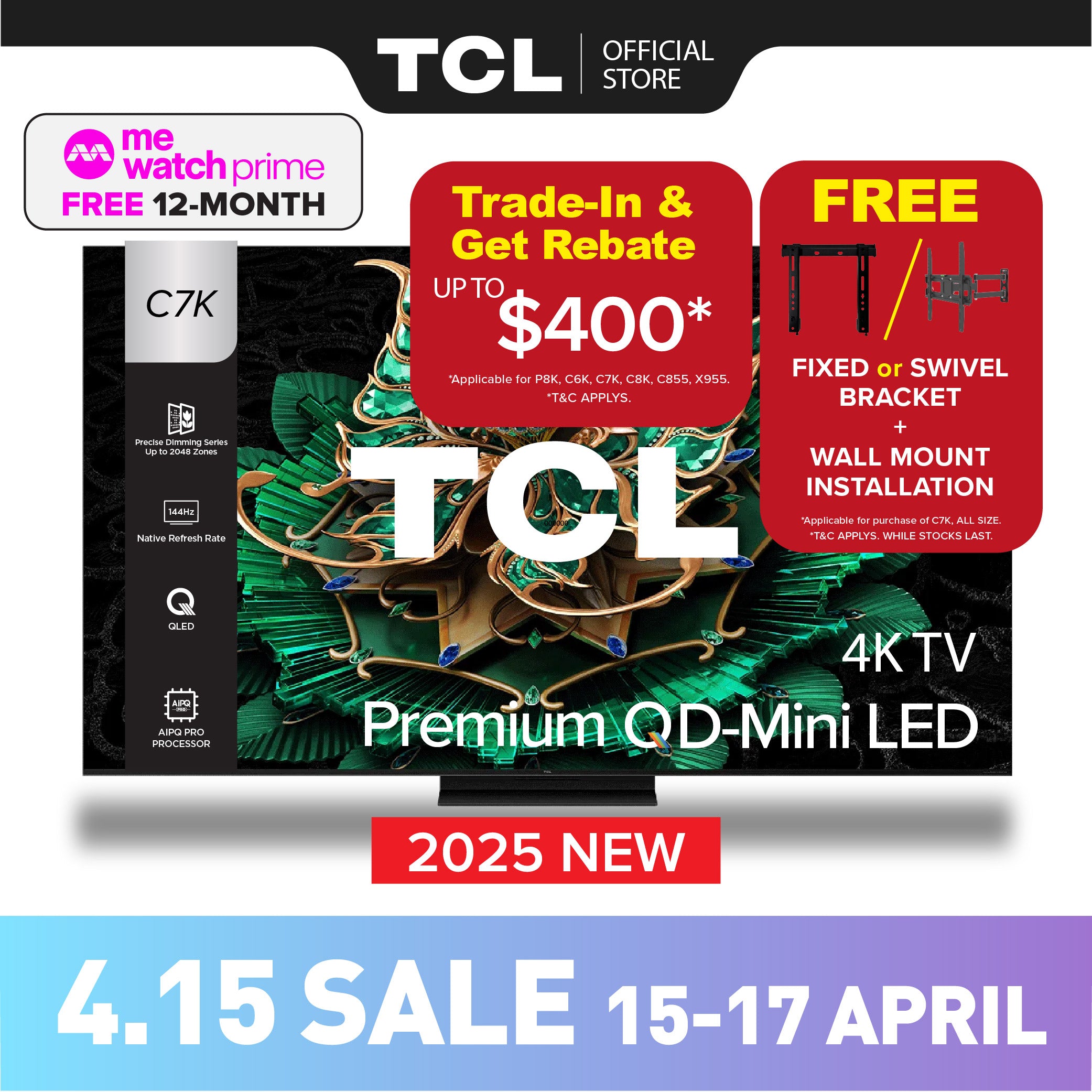 TCL C7K 4K Premium QD Mini-LED TV 55" 65" 75" 85 "AI Smart Google TV