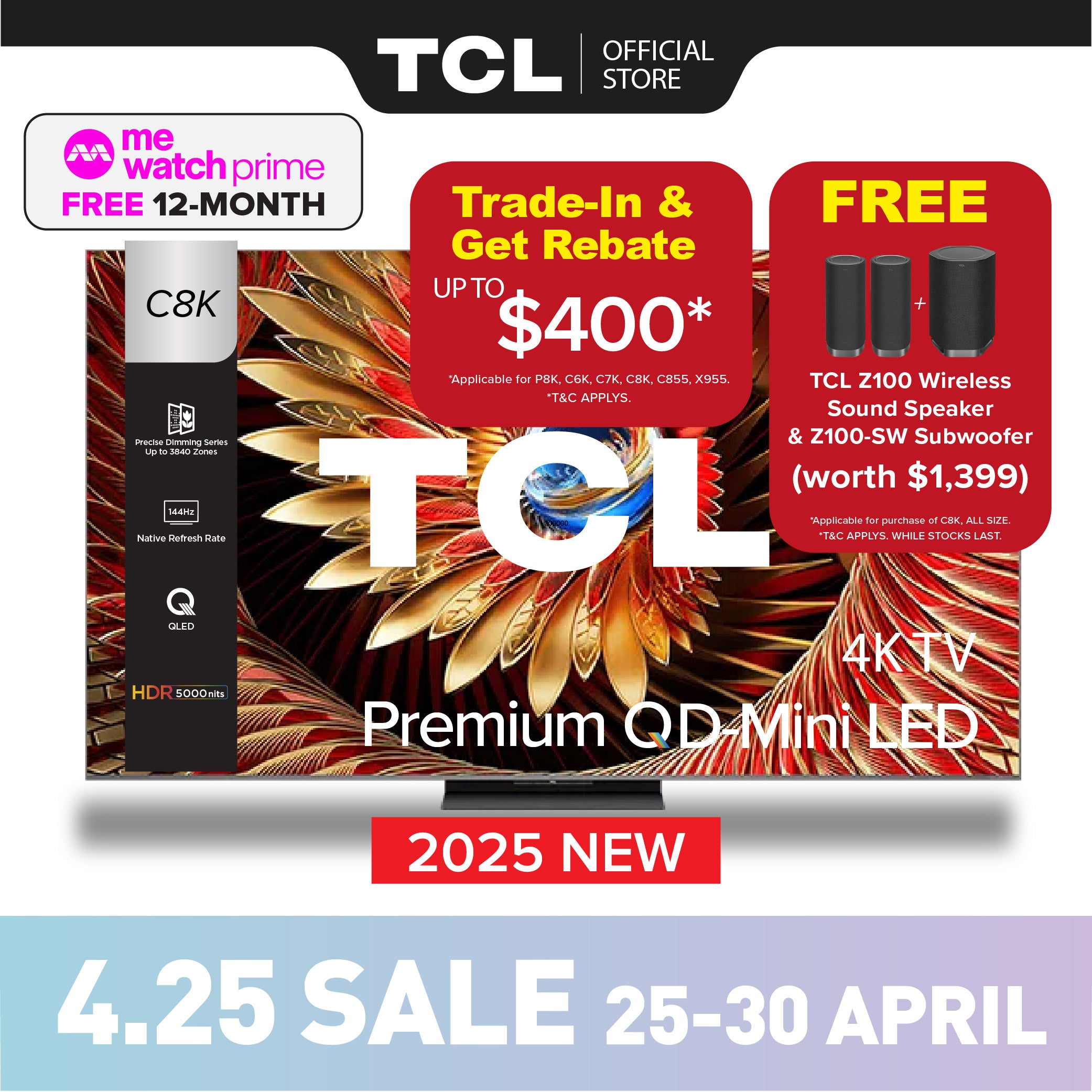[TRADE-IN*] TCL C8K Premium QD-Mini LED 4K TV | 65 inch 75 inch 85 inch 98 inch | HDR 4500 nits | AI Smart Google TV