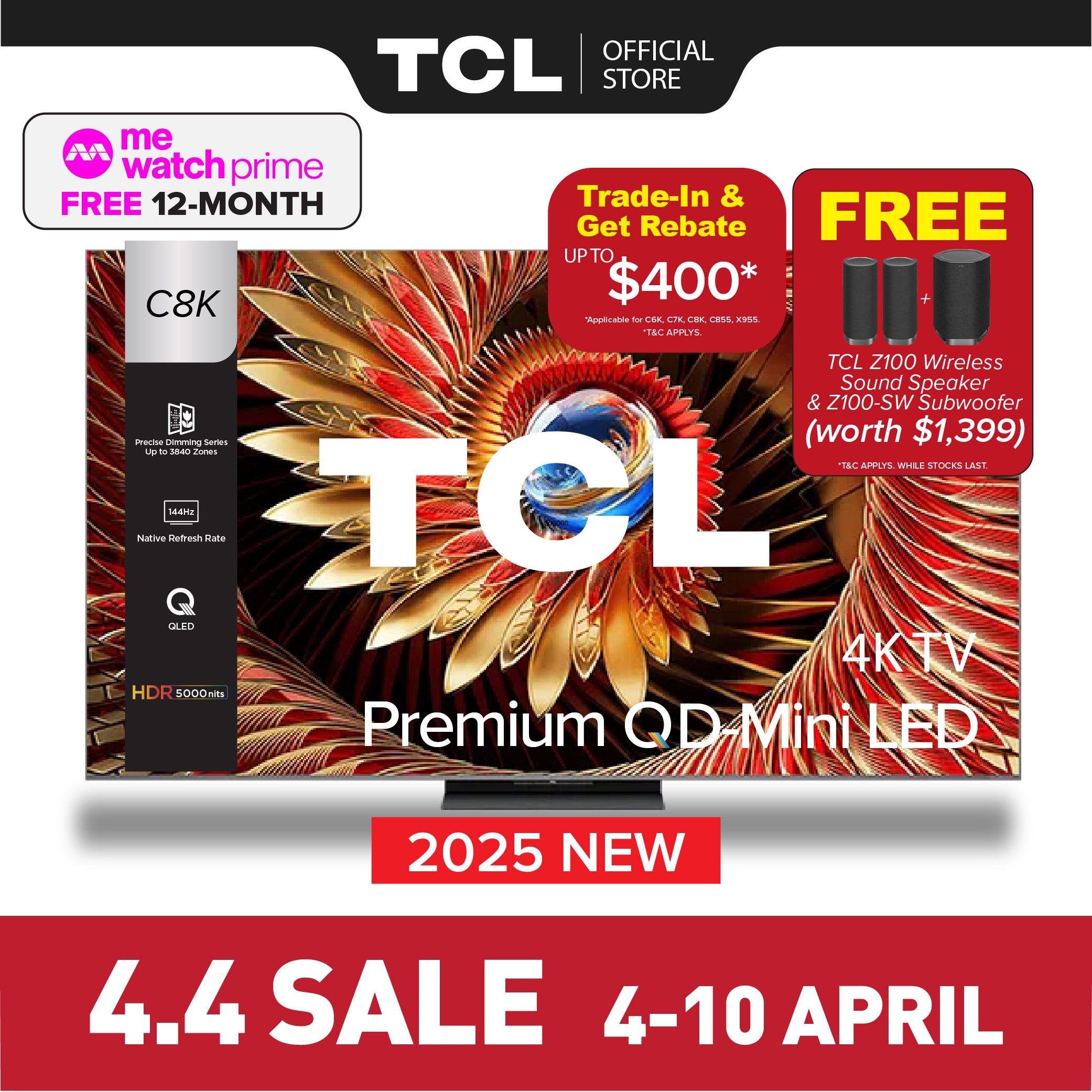 TCL C8K Premium QD-Mini LED 4K TV | 65 inch 75 inch 85 inch 98 inch | HDR 4500 nits | AI Smart Google TV