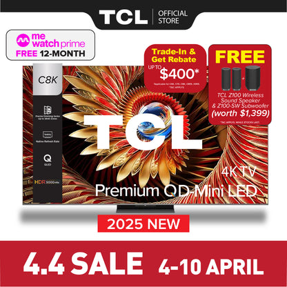 TCL C8K Premium QD-Mini LED 4K TV | 65 inch 75 inch 85 inch 98 inch | HDR 4500 nits | AI Smart Google TV