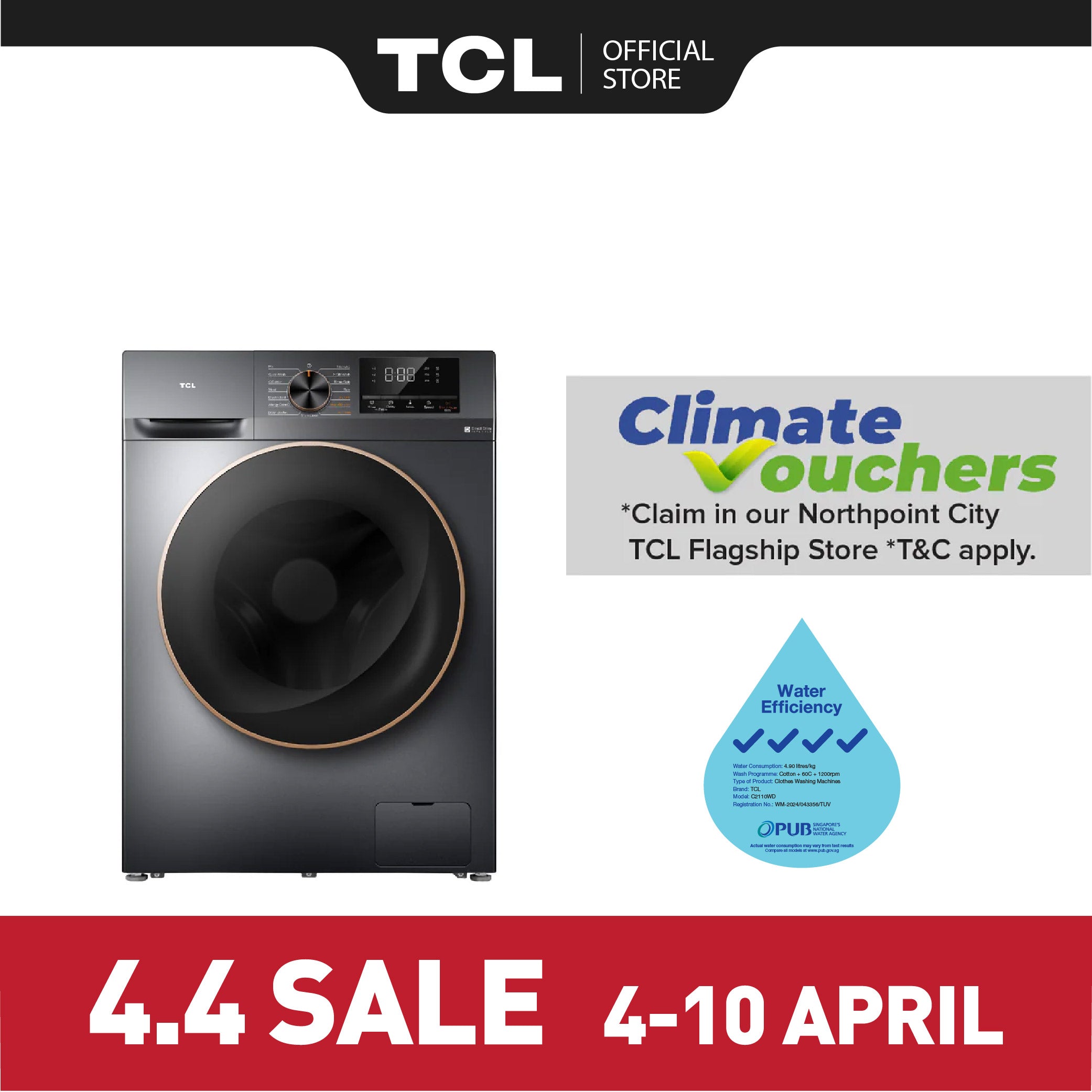 TCL 4 Ticks C2110WD 10KG Washer & 6kg Dryer Combo DD Inverter