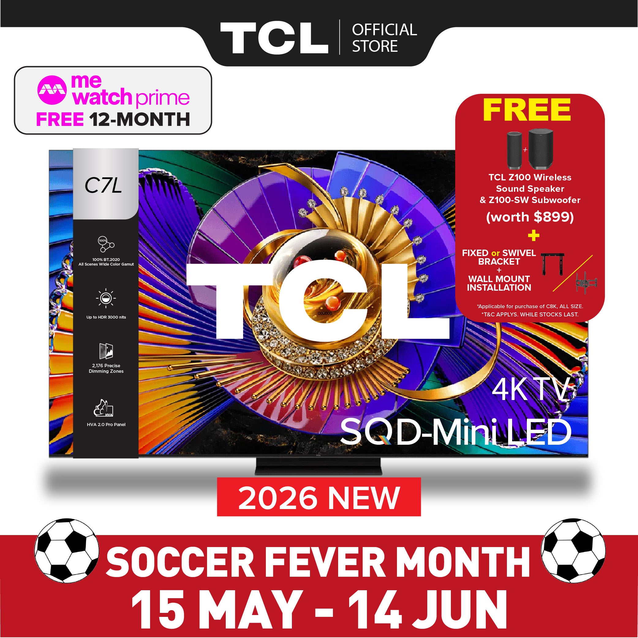 NEW 2026 | TCL TV C7L SQD-MiniLED 4K TV | 55 65 75 85 inch | Up to 1,624 Precise Dimming Zones | Up to HDR 3000nits | 144Hz | Dolby Vision IQ, HDR10+ | IMAX Enhanced | FreeSync Premium Pro