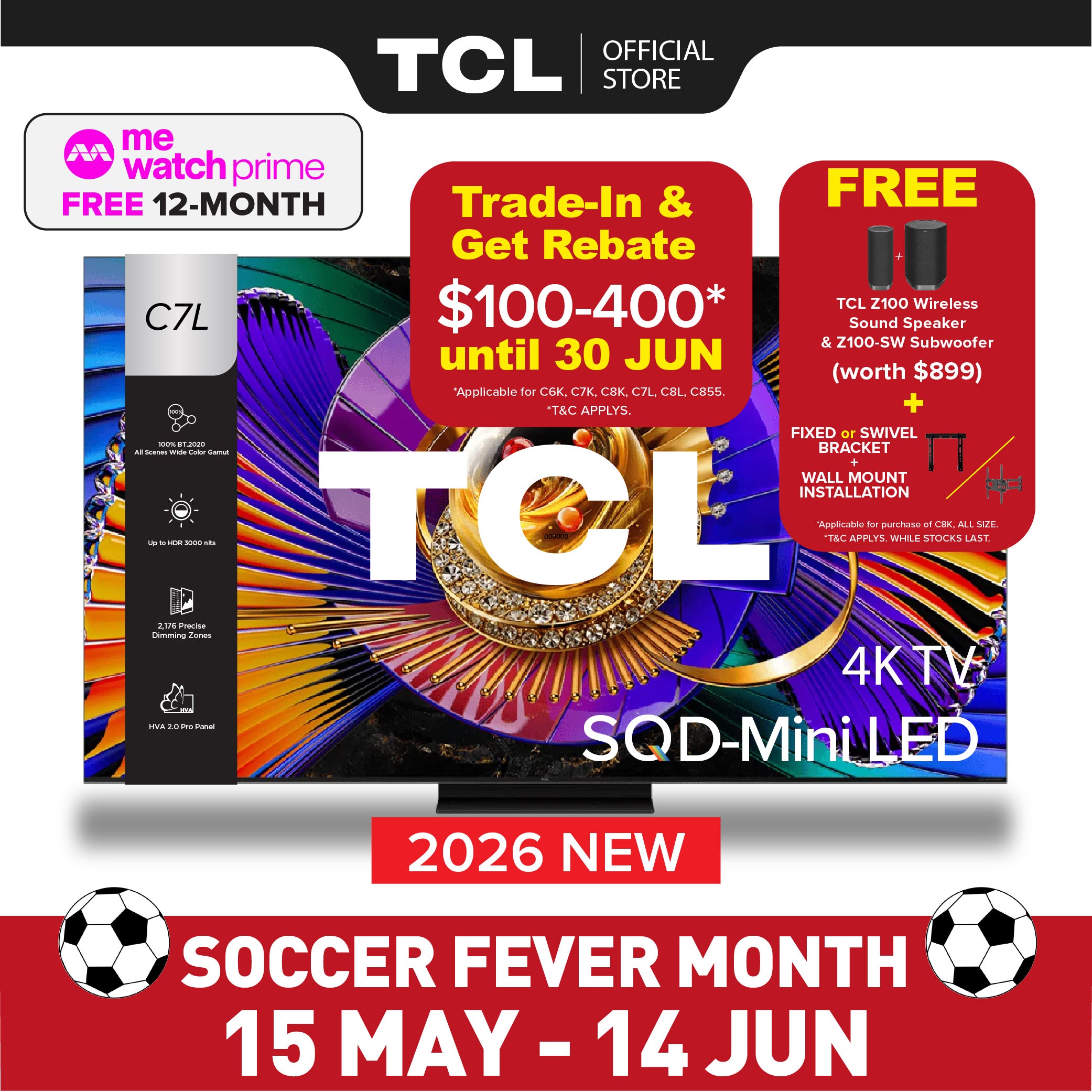 [Trade-In*] NEW 2026 | TCL TV C7L SQD-MiniLED 4K TV | 55 65 75 85 inch | Up to 1,624 Precise Dimming Zones | Up to HDR 3000nits | 144Hz | Dolby Vision IQ, HDR10+ | IMAX Enhanced | FreeSync Premium Pro