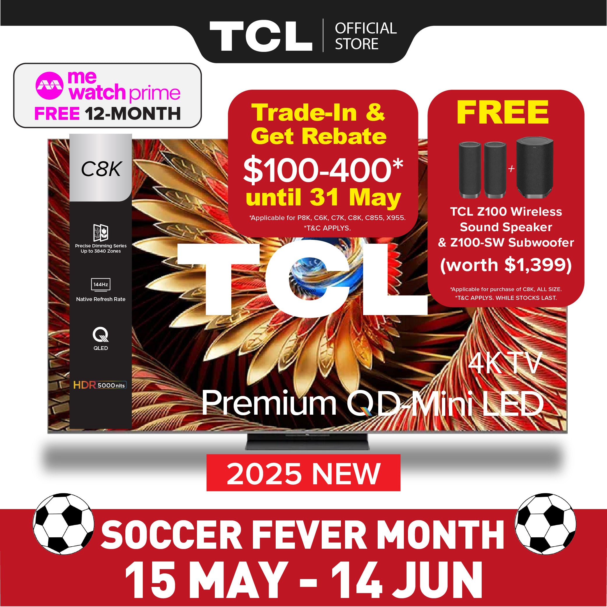 [TRADE-IN*] TCL C8K Premium QD-Mini LED 4K TV | 65 inch 75 inch 85 inch 98 inch | HDR 4500 nits | AI Smart Google TV