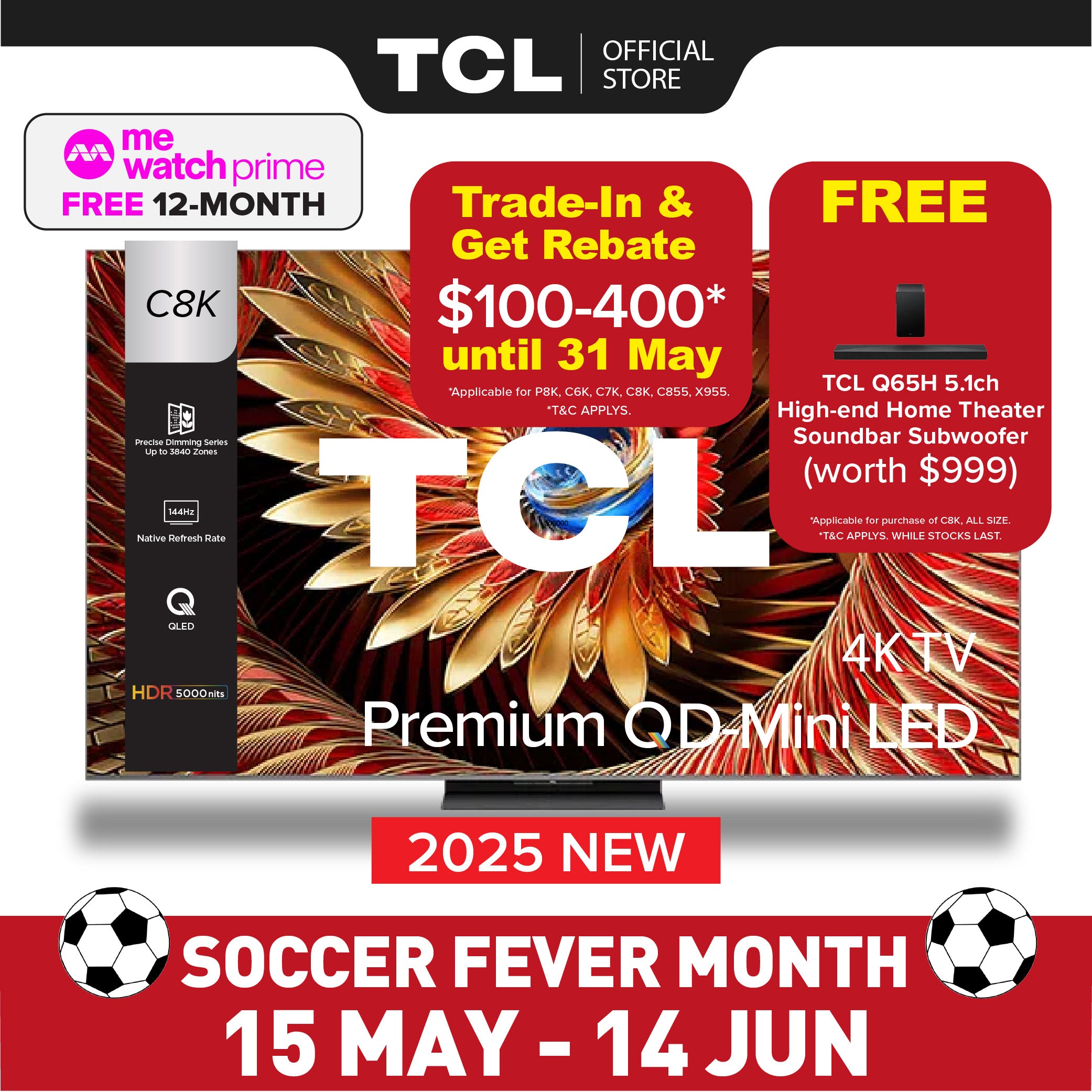 [TRADE-IN*] TCL C8K Premium QD-Mini LED 4K TV | 65 inch 75 inch 85 inch 98 inch | HDR 4500 nits | AI Smart Google TV