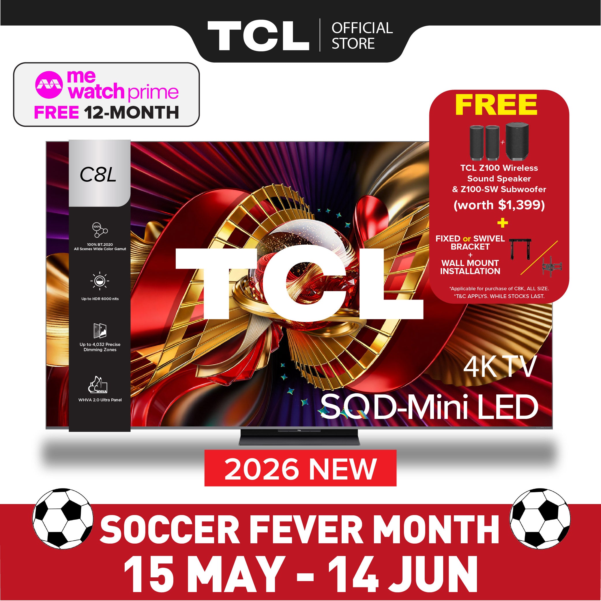 2026 NEW | TCL C8L Premium SQD-MiniLED 4k TV | 65 75 85 inch | HDR 6,000nits | 4,032 Precise Dimming Zones