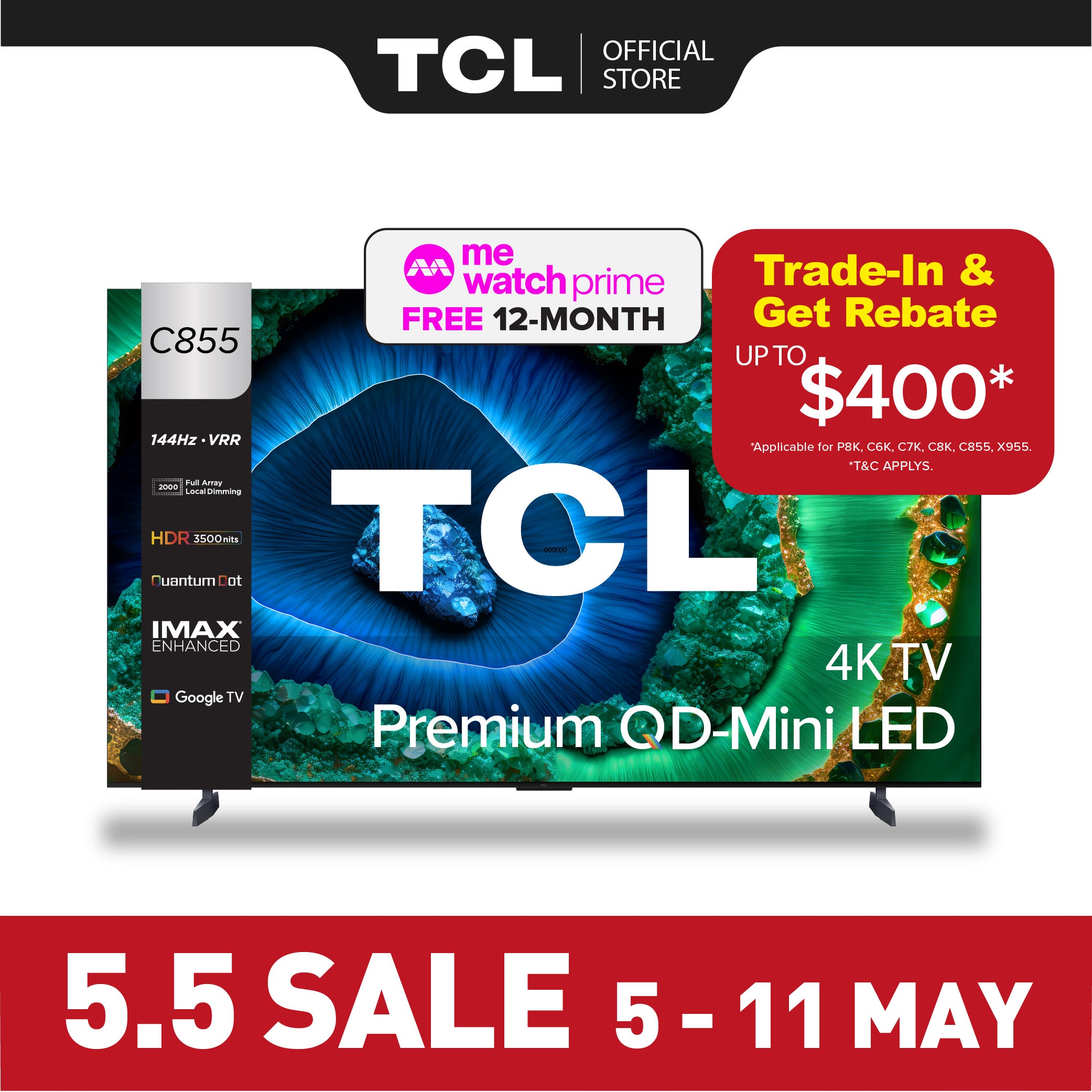 [TRADE-IN*] TCL C855 Premium QD-Mini LED 4K TV 85" 98" AI Smart Google TV