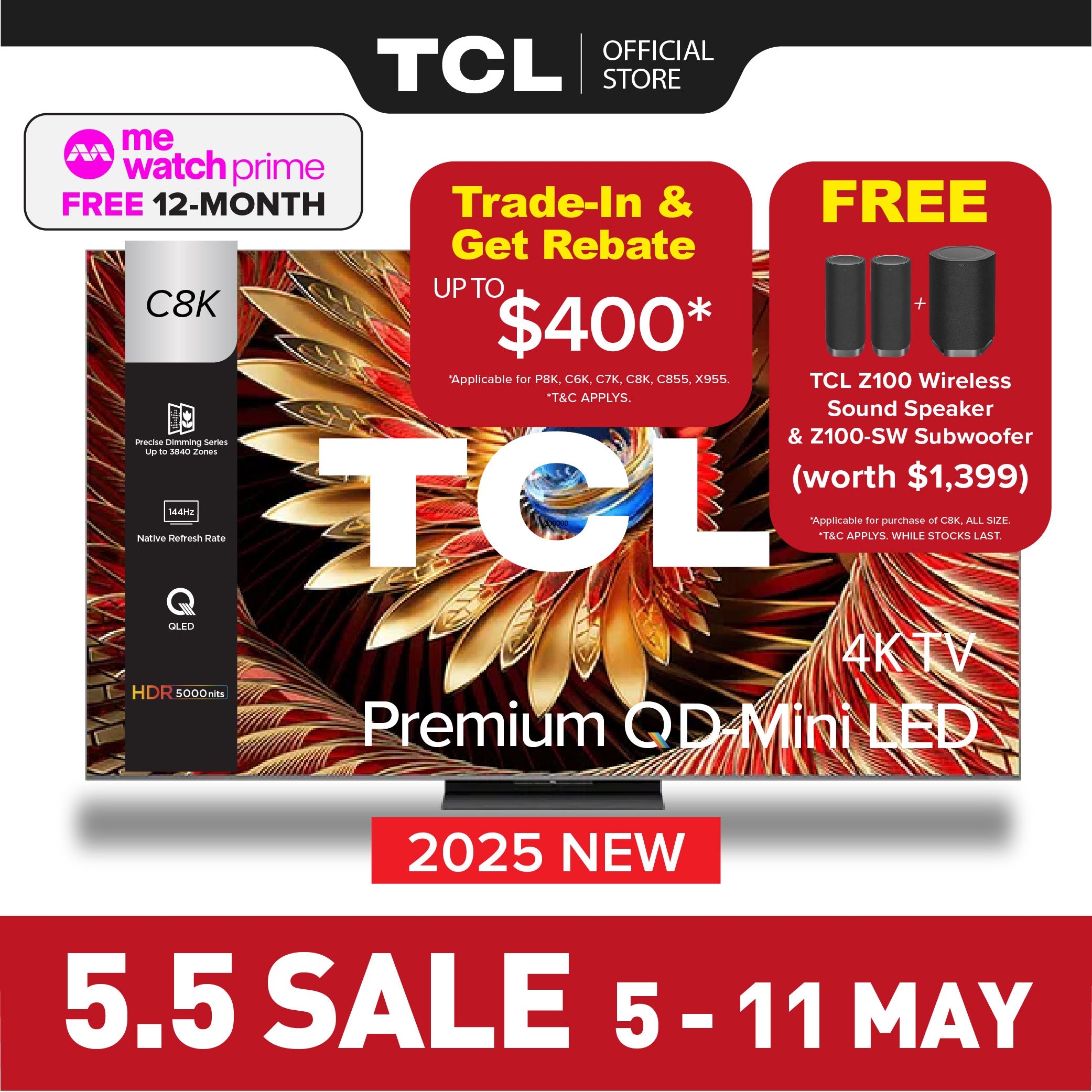 [TRADE-IN*] TCL C8K Premium QD-Mini LED 4K TV | 65 inch 75 inch 85 inch 98 inch | HDR 4500 nits | AI Smart Google TV