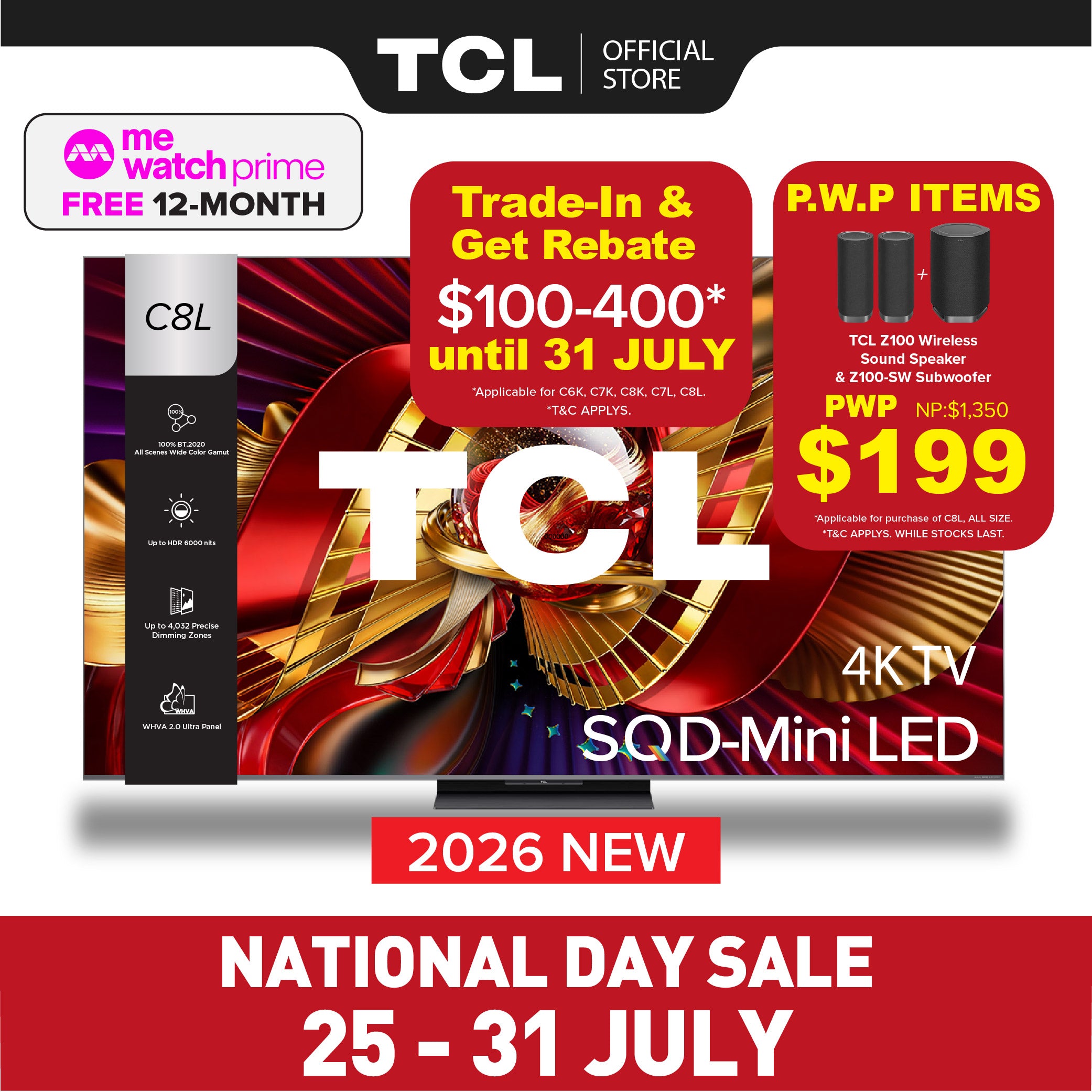 2026 NEW | TCL C8L Premium SQD-Mini LED 4K TV | 65 75 85 98 inch | AI Smart Google TV