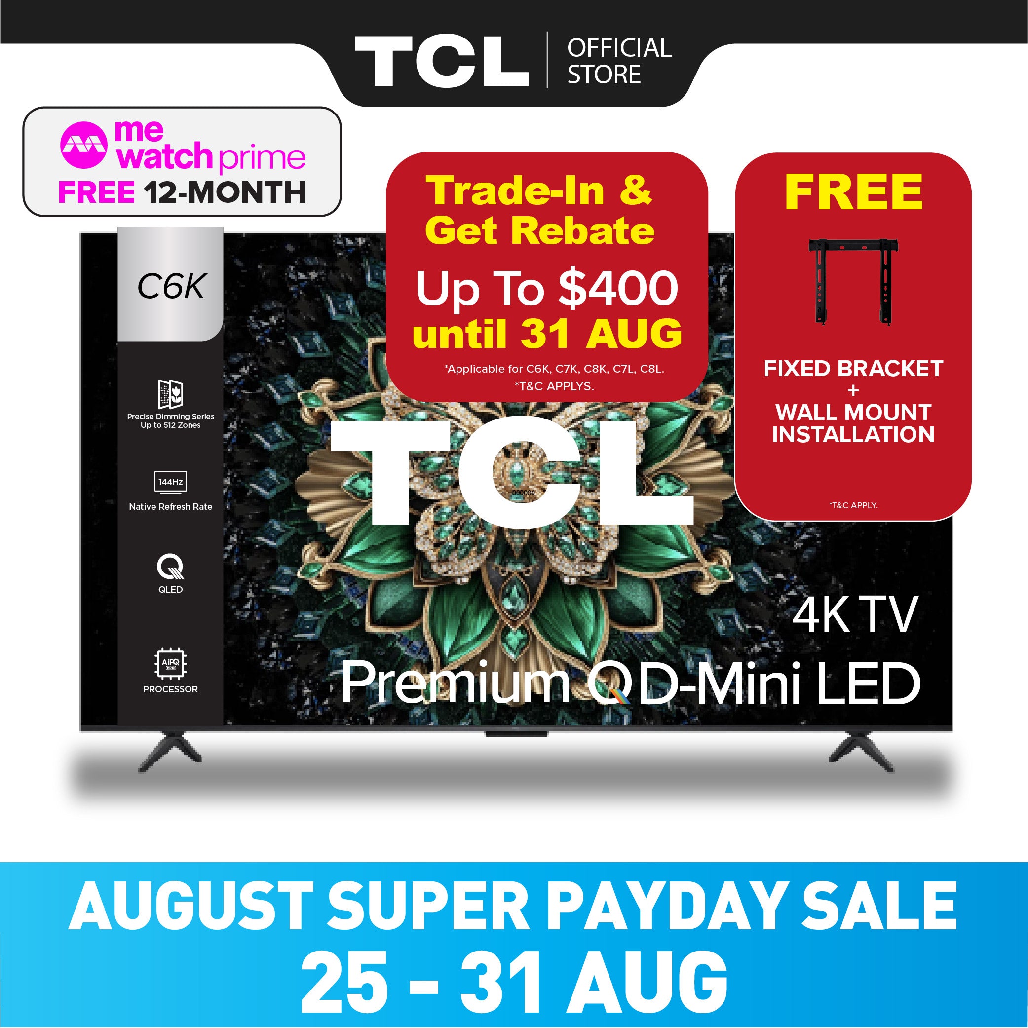TCL C6K Premium QD-Mini LED 4K TV | 55 65 75 85 98 inch | AI Smart Google TV