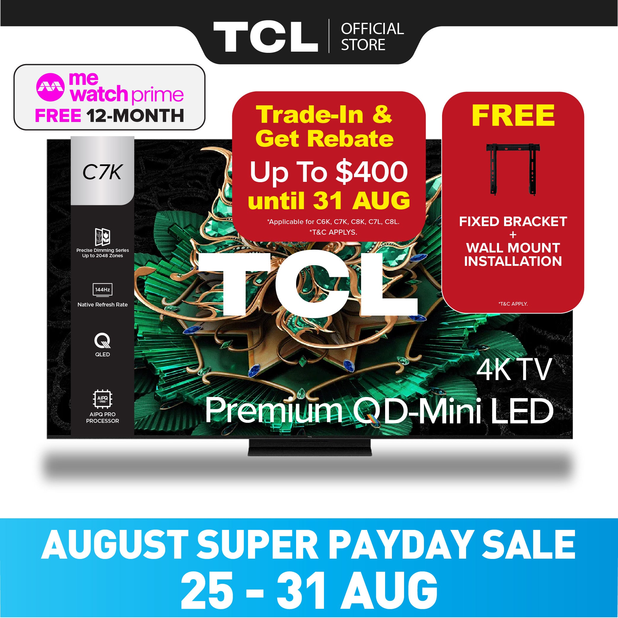 TCL C7K Premium QD-Mini LED 4K TV | 55 65 75 85 115 inch | AI Smart Google TV