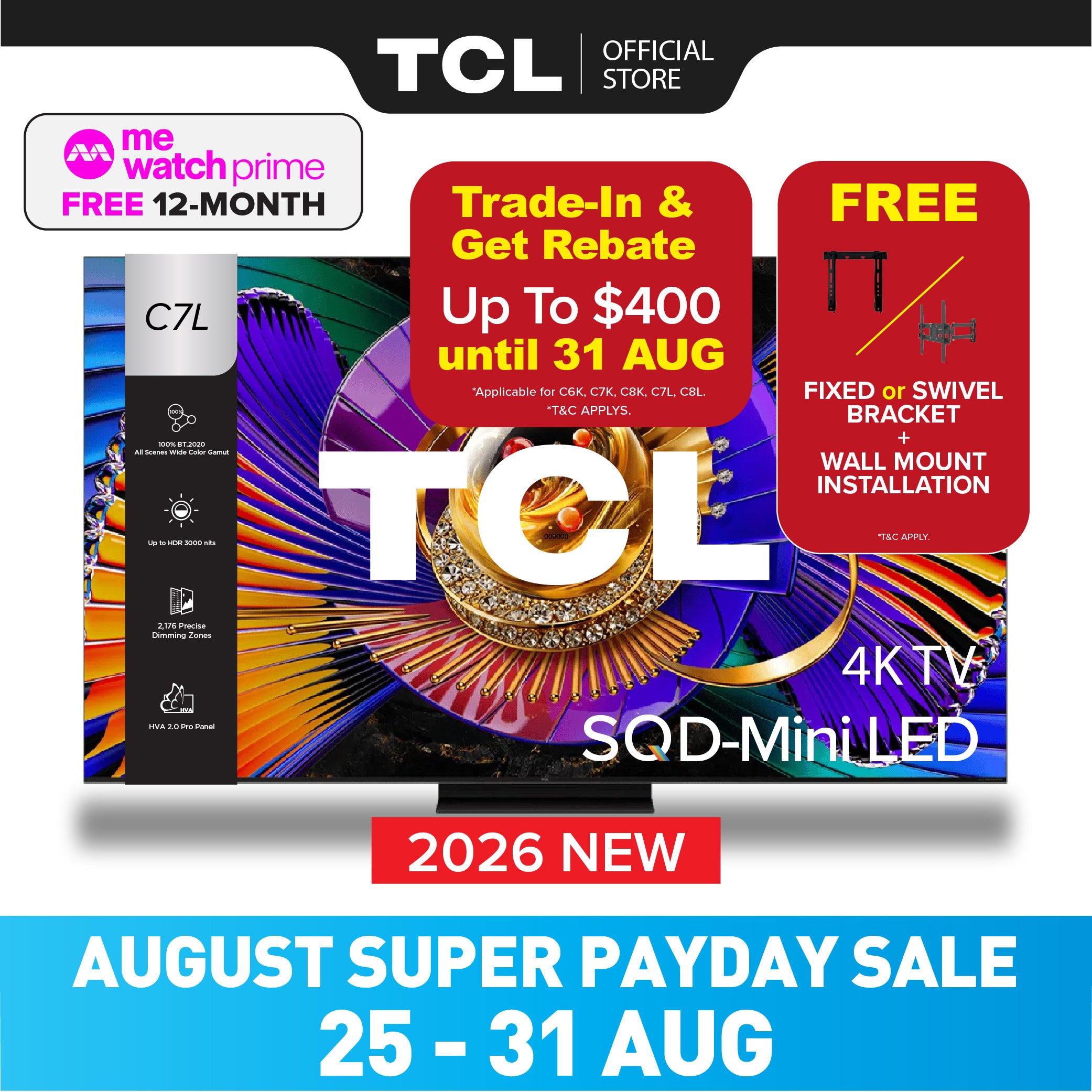 NEW 2026 | TCL TV C7L SQD-Mini LED 4K TV | 55 65 75 85 inch | AI Smart Google TV