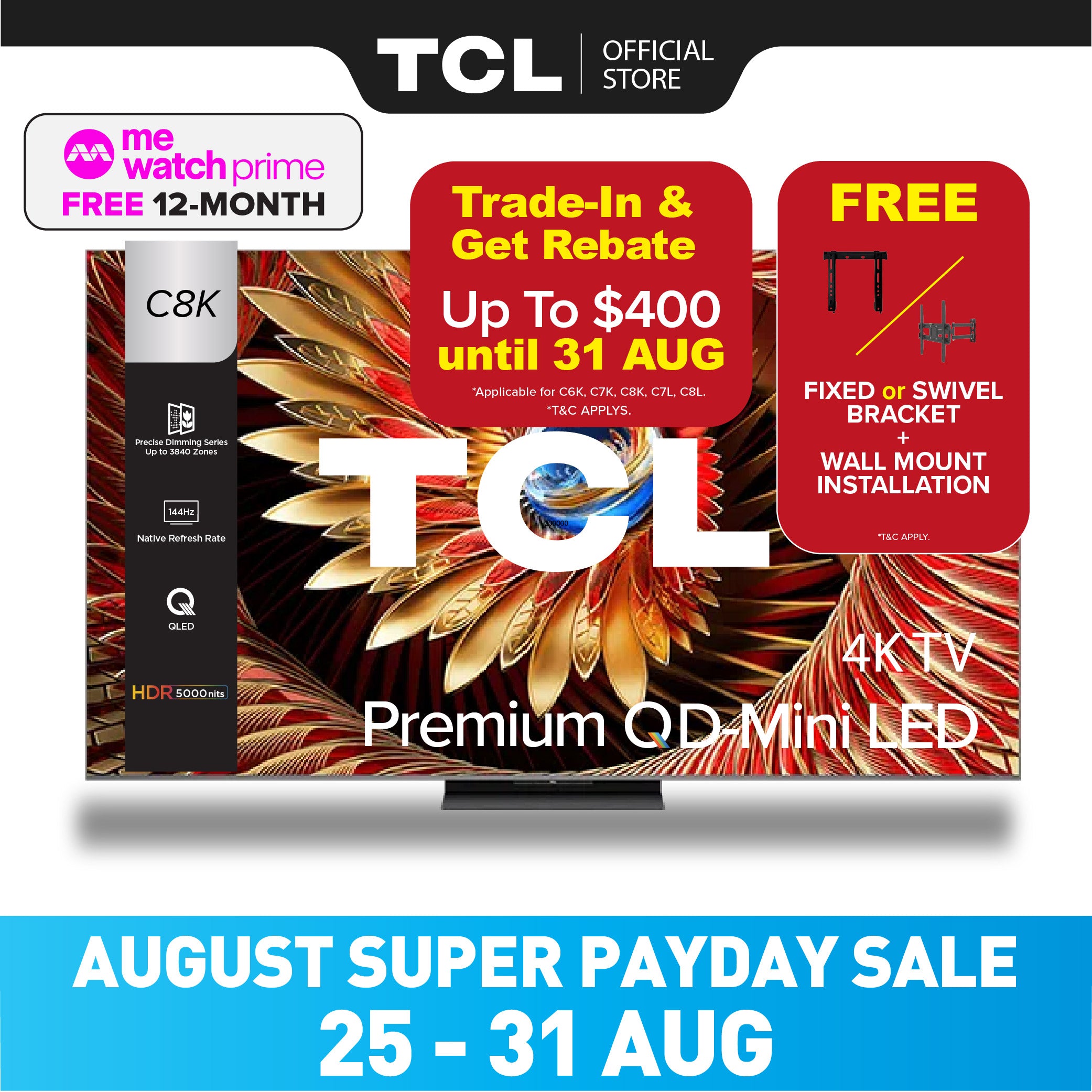 TCL C8K Premium QD-Mini LED 4K TV | 65 75 85 98 inch | AI Smart Google TV