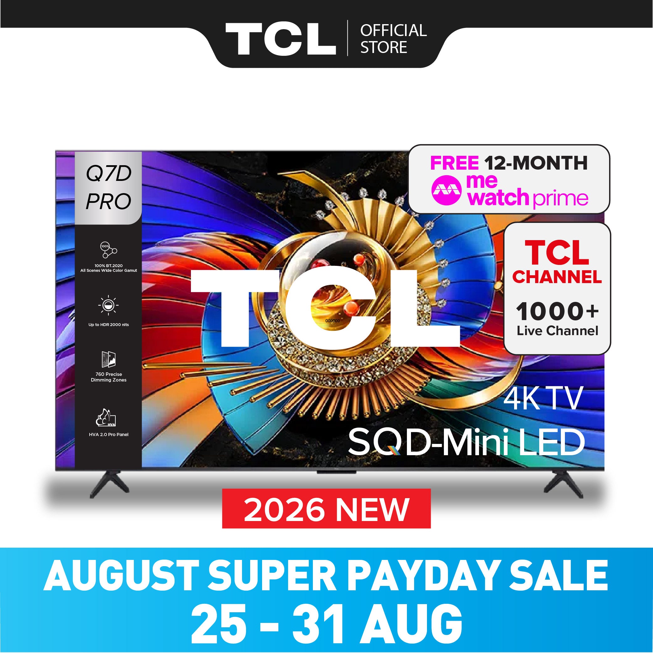 NEW 2026 | TCL Q7D Pro SQD-Mini LED 4K TV｜55 65 75 inch｜AI Smart Google TV