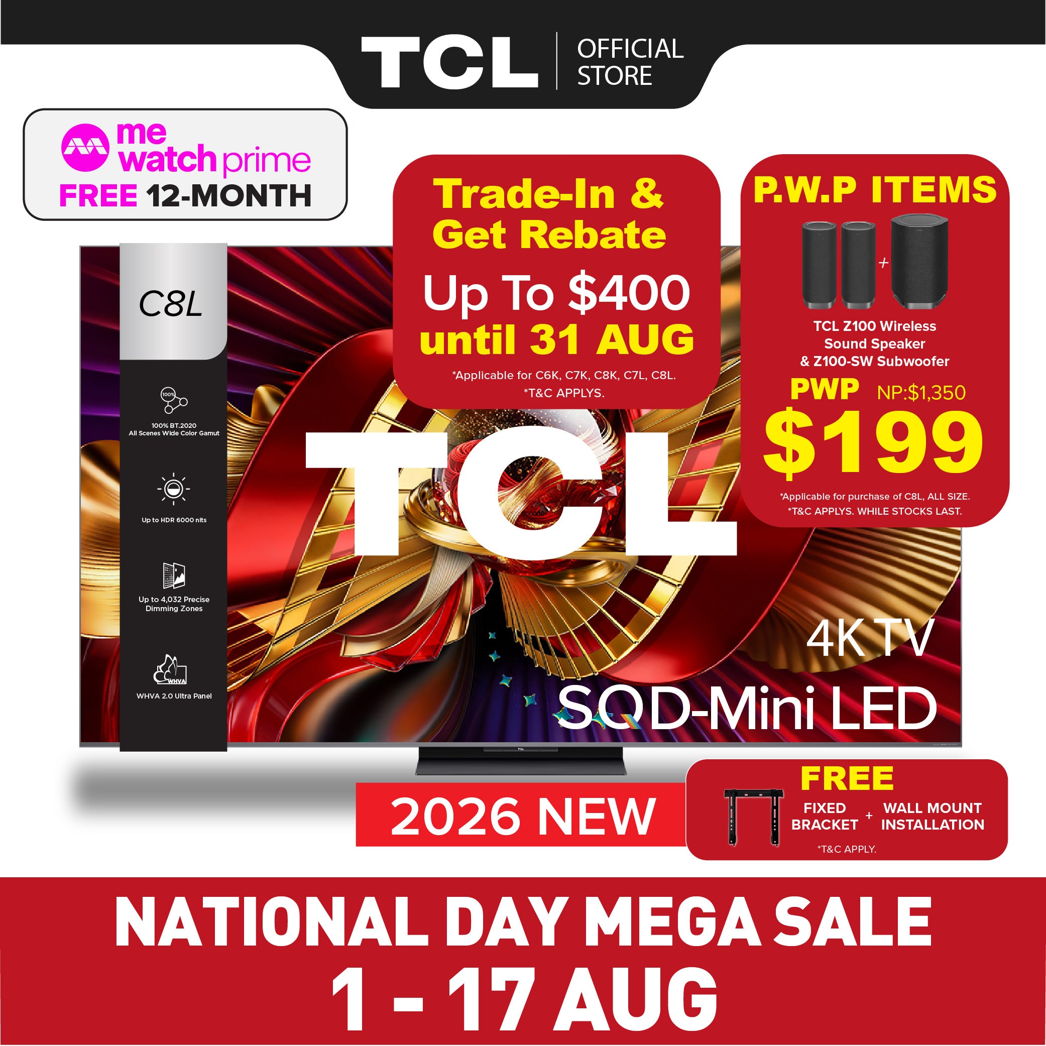 2026 NEW | TCL C8L Premium SQD-Mini LED 4K TV | 65 75 85 98 inch