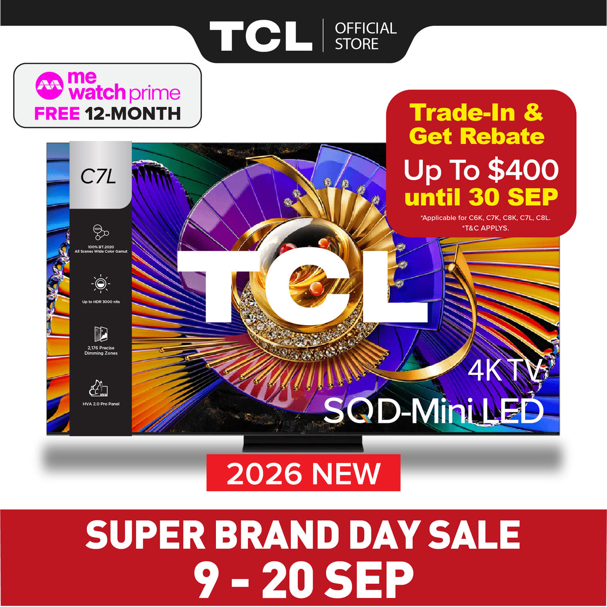 NEW 2026 | TCL TV C7L SQD-Mini LED 4K TV | 55 65 75 85 inch | AI Smart Google TV