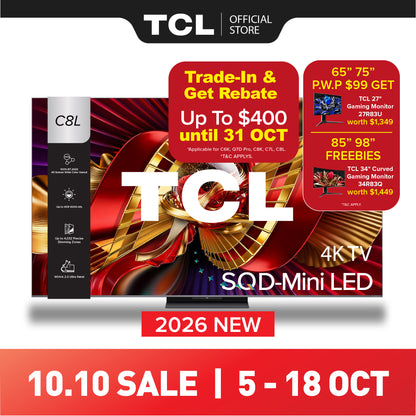 2026 NEW | TCL C8L Premium SQD-Mini LED 4K TV | 65 75 85 98 inch | AI Smart Google TV